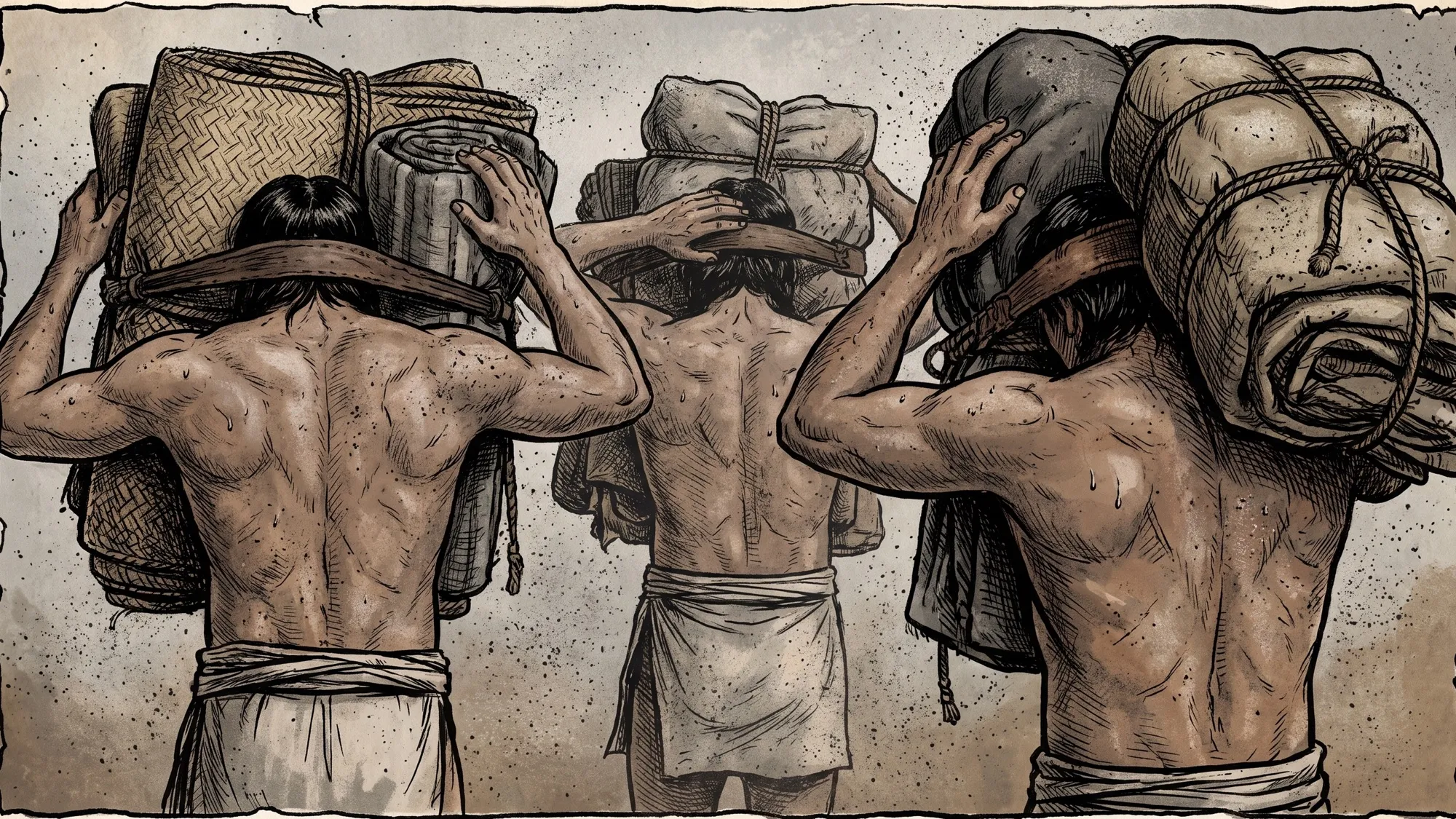 Illustration of three porters seen from behind, carrying large bundles held by straps across their foreheads.