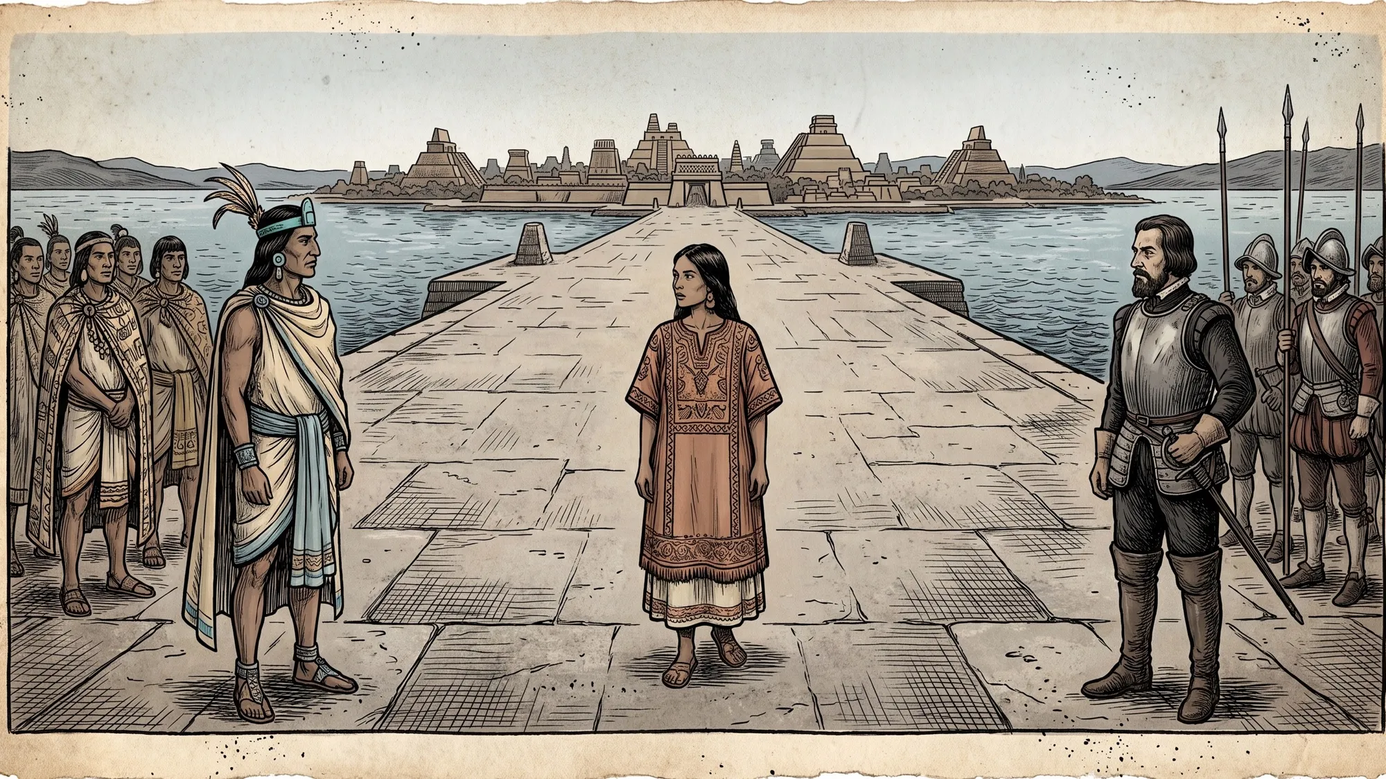 Illustration of a woman standing between an Indigenous ruler and a Spanish commander on a stone causeway, a city on the lake behind them.
