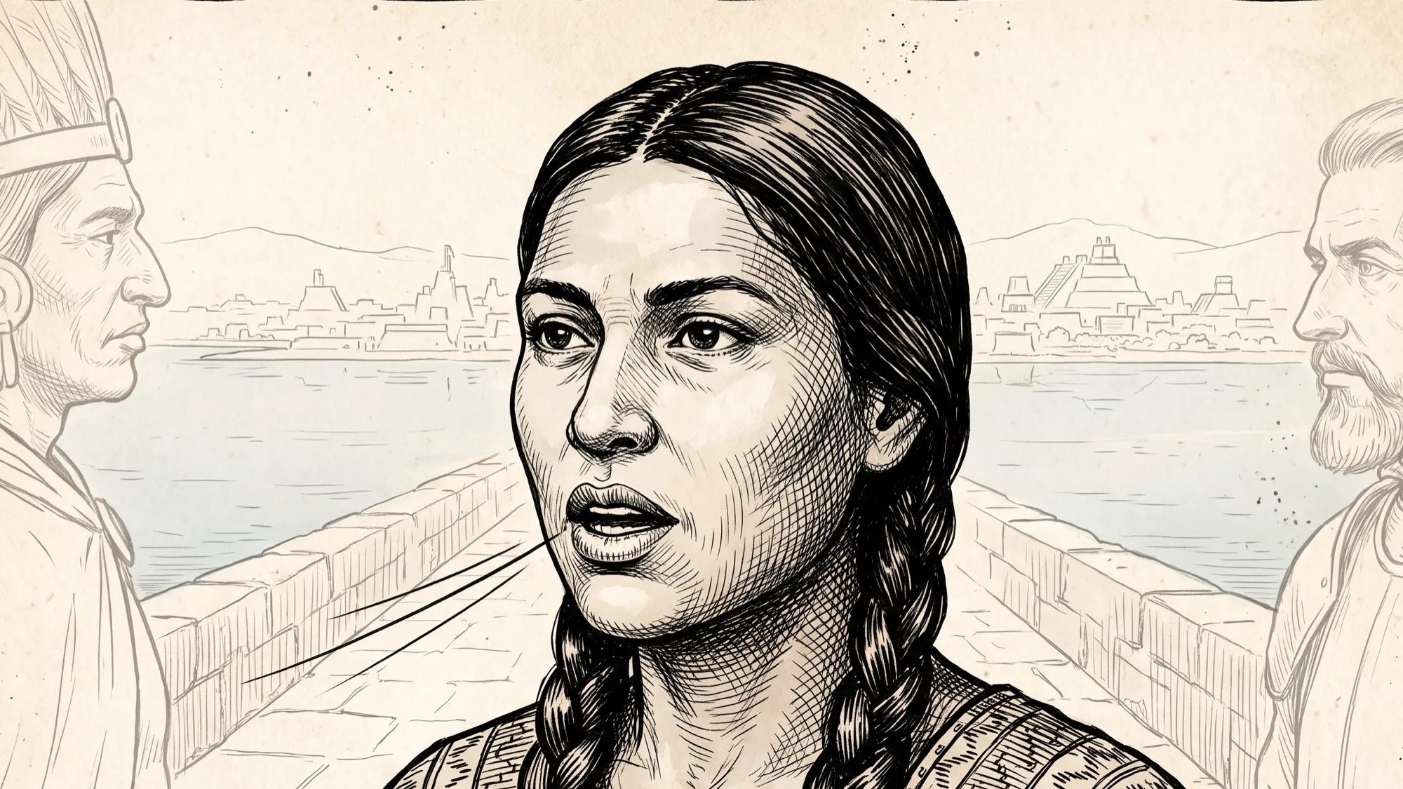 Ink illustration of a young Indigenous woman speaking, with two men in profile on either side of her.