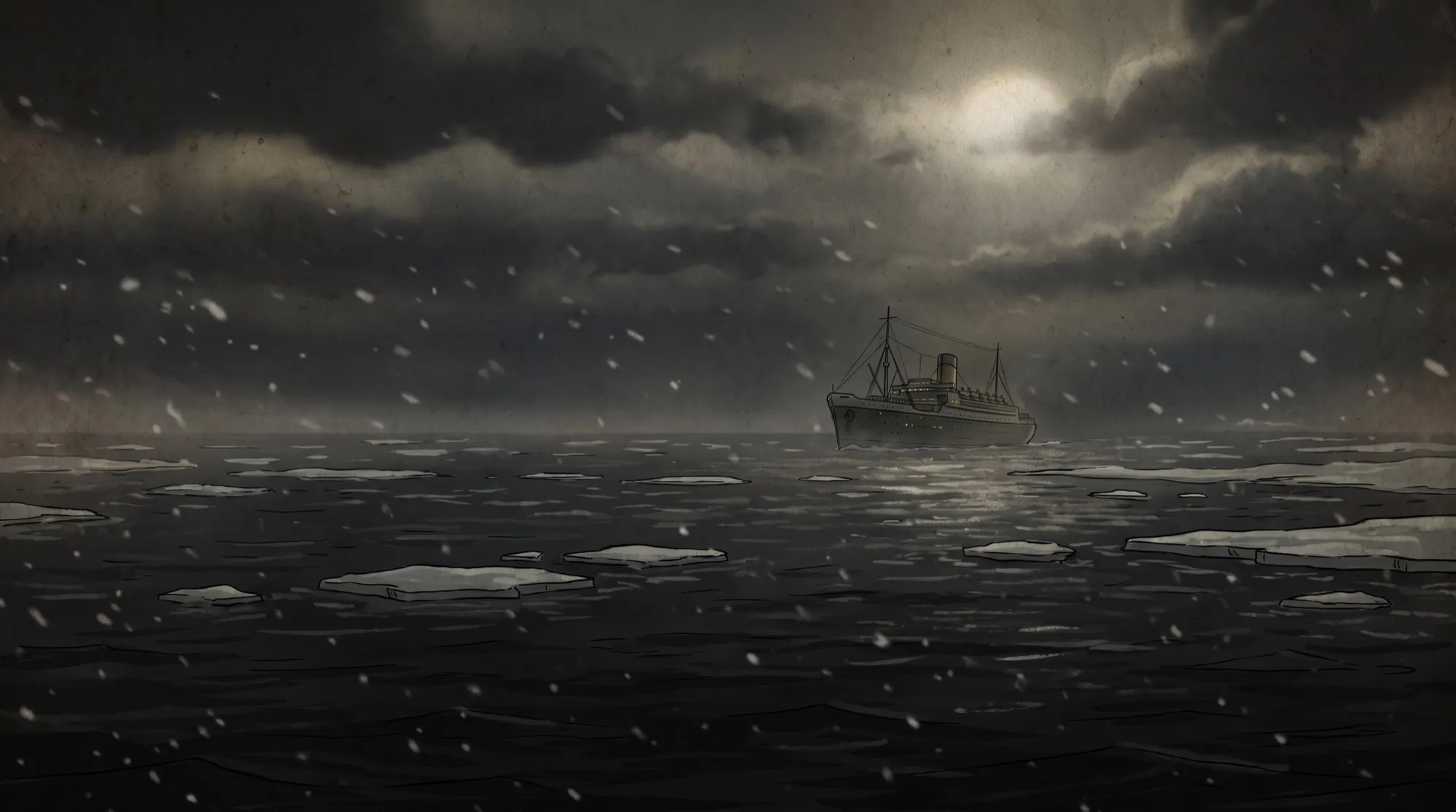 Illustration of a single-funnel liner alone on a black, ice-strewn sea at night, with snow falling.