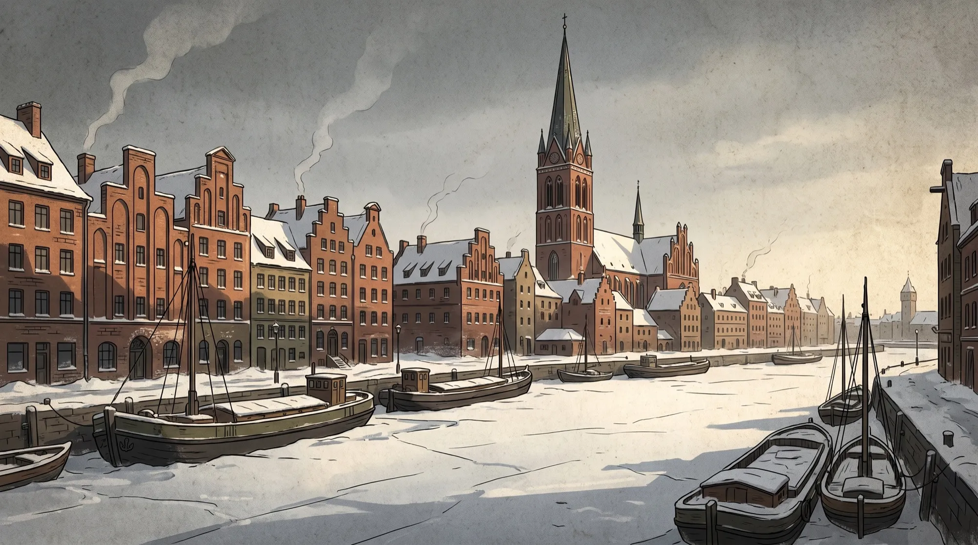Illustration of a brick port town in winter.