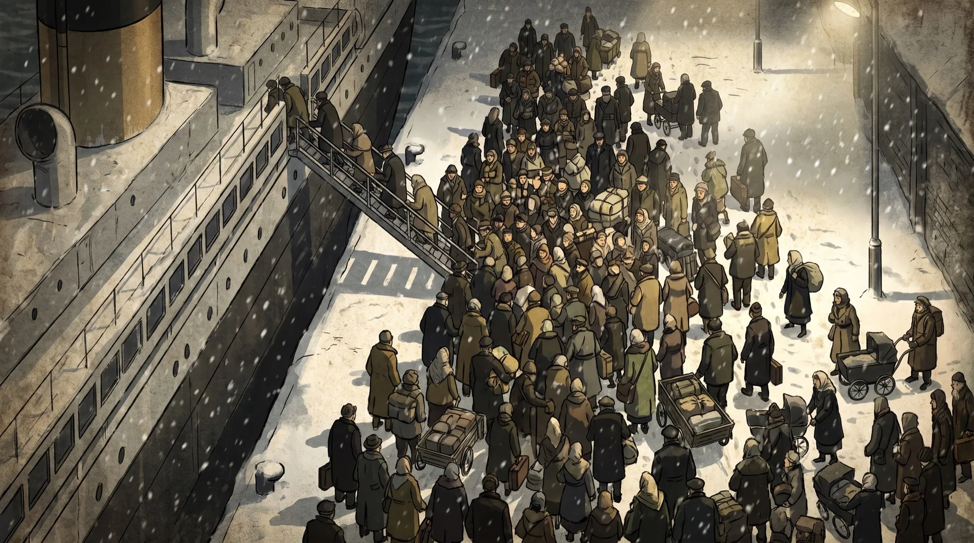 Illustration from above of a dense winter crowd pressing toward a ship's gangway.