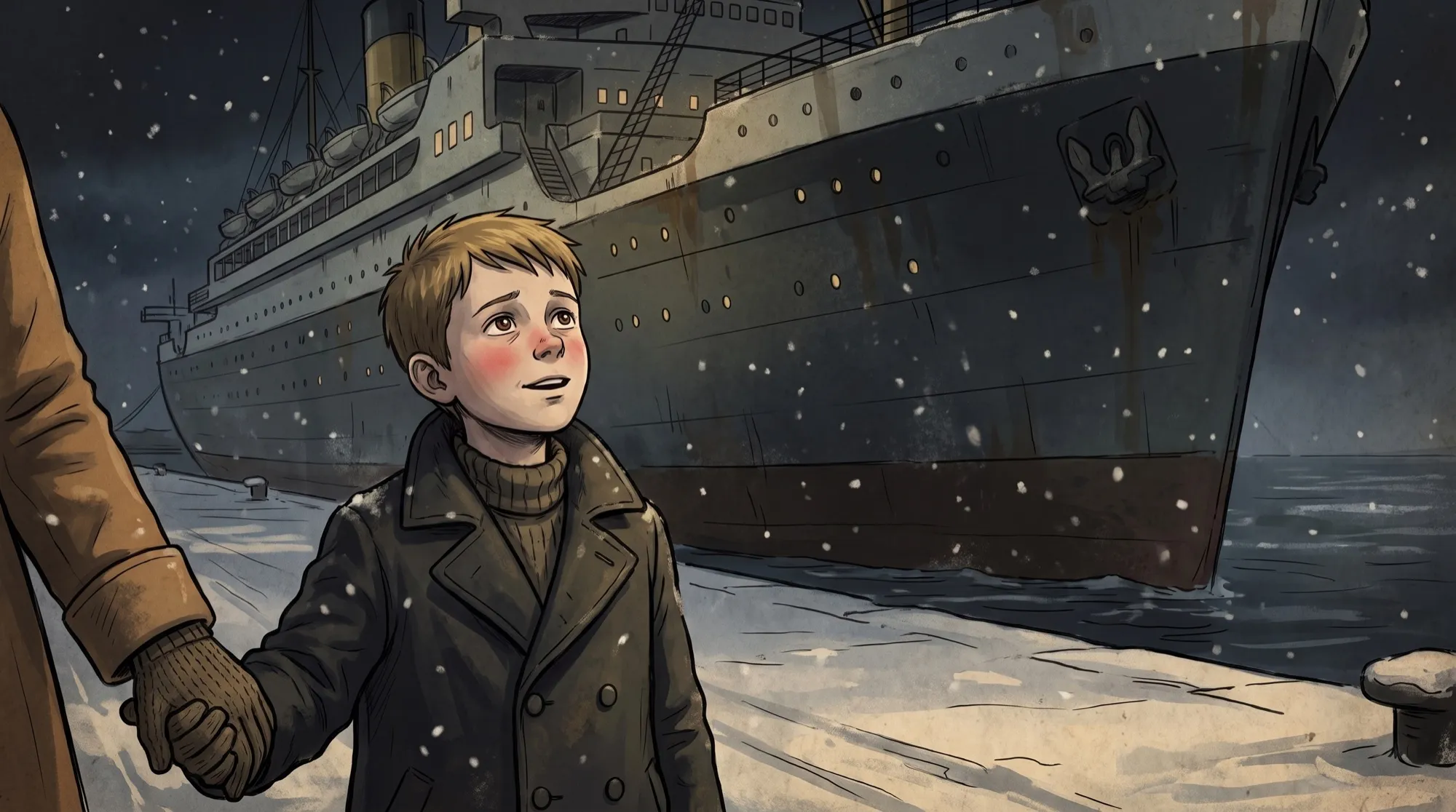 Illustration of a young boy holding an adult's hand on a snowy quay, looking up at a grey liner.
