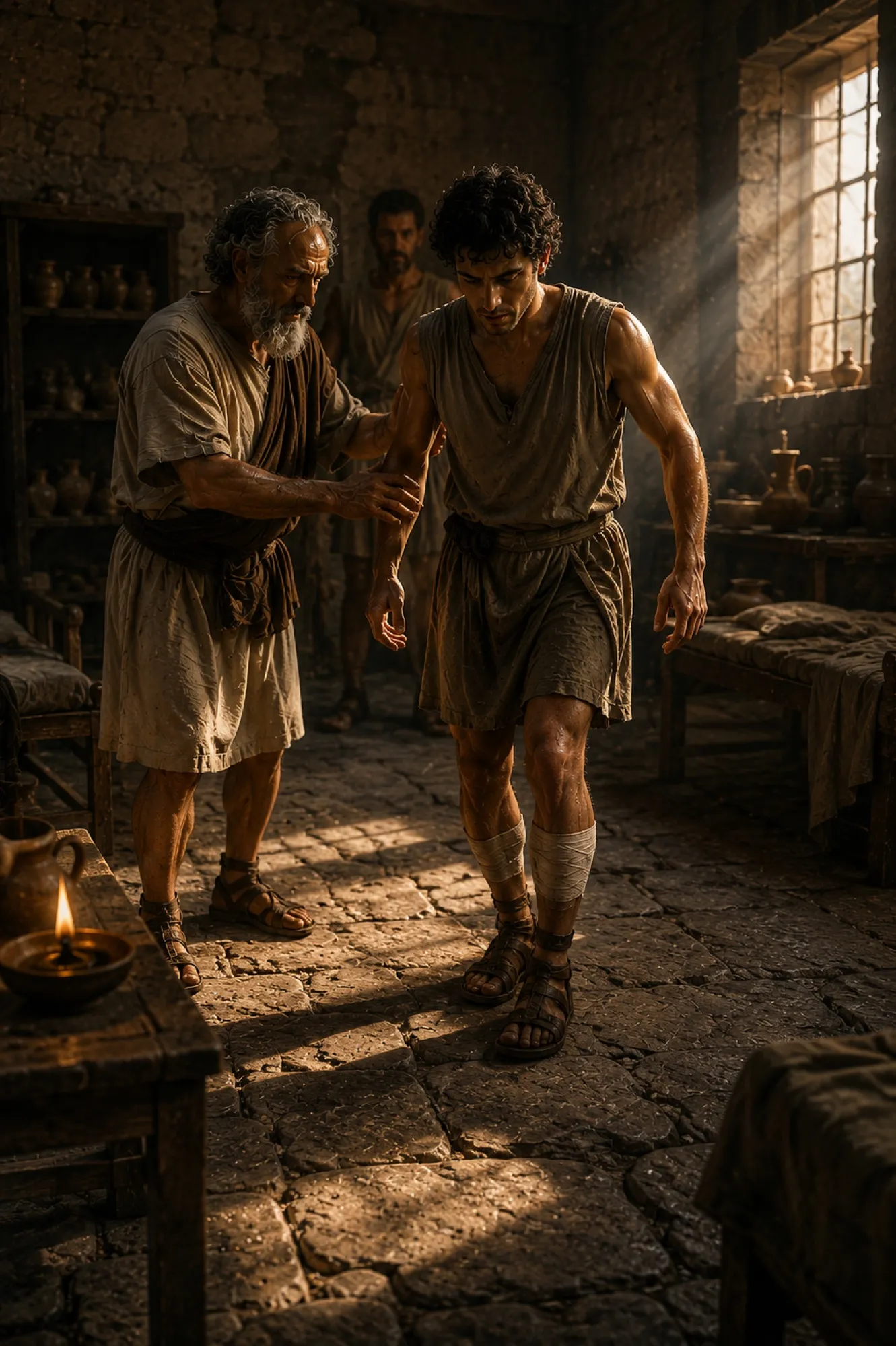 Illustration of a soldier taking unsteady steps beside a physician.