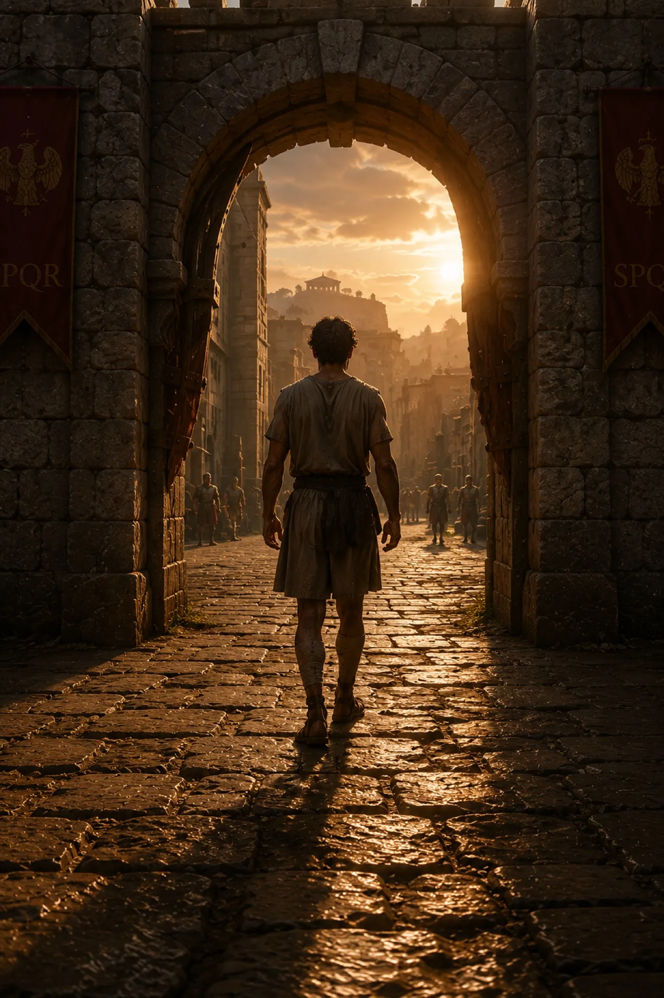 Illustration of a soldier seen from behind, walking out through an arched gate at sunrise.